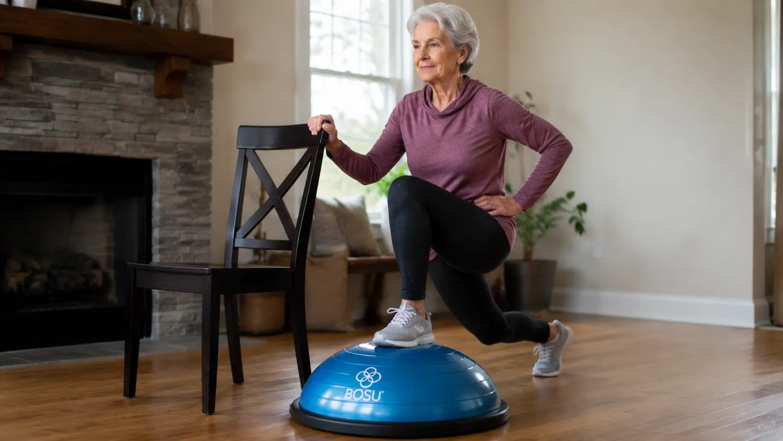 Close-up of the BOSU Balance Trainer dome side up on a wood floor next to a chair used for support