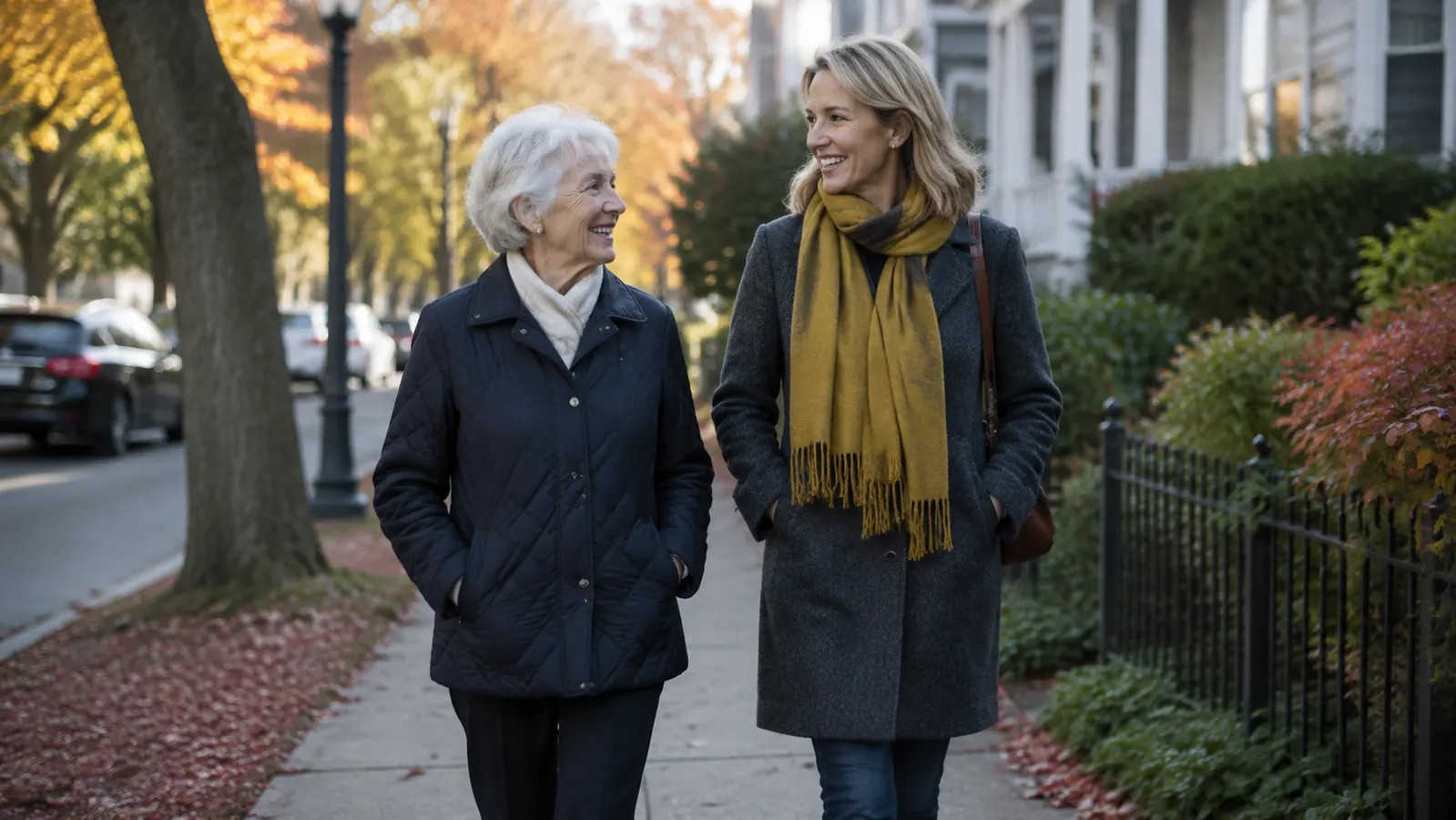 Senior woman and her adult daughter walking together outdoors, both smiling, woman moving confidently without assistance