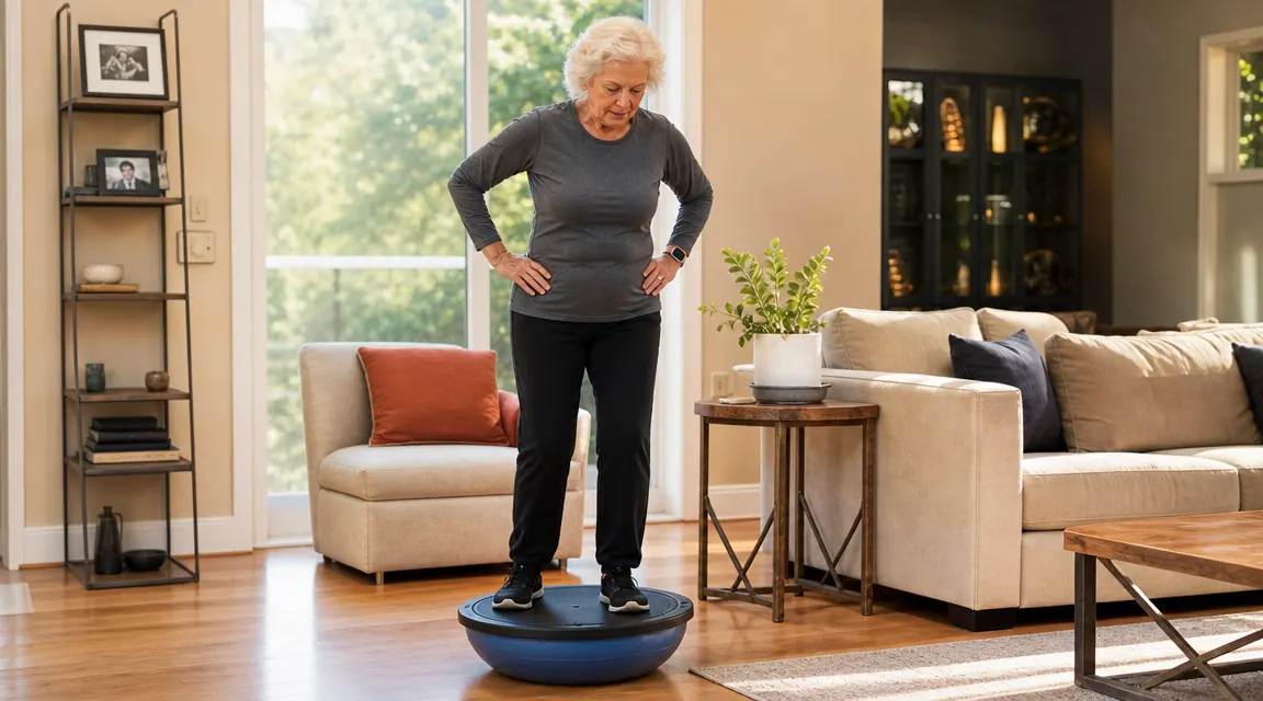 Senior woman doing balance exercises at home using a BOSU trainer on a wood floor, bright morning light through a window