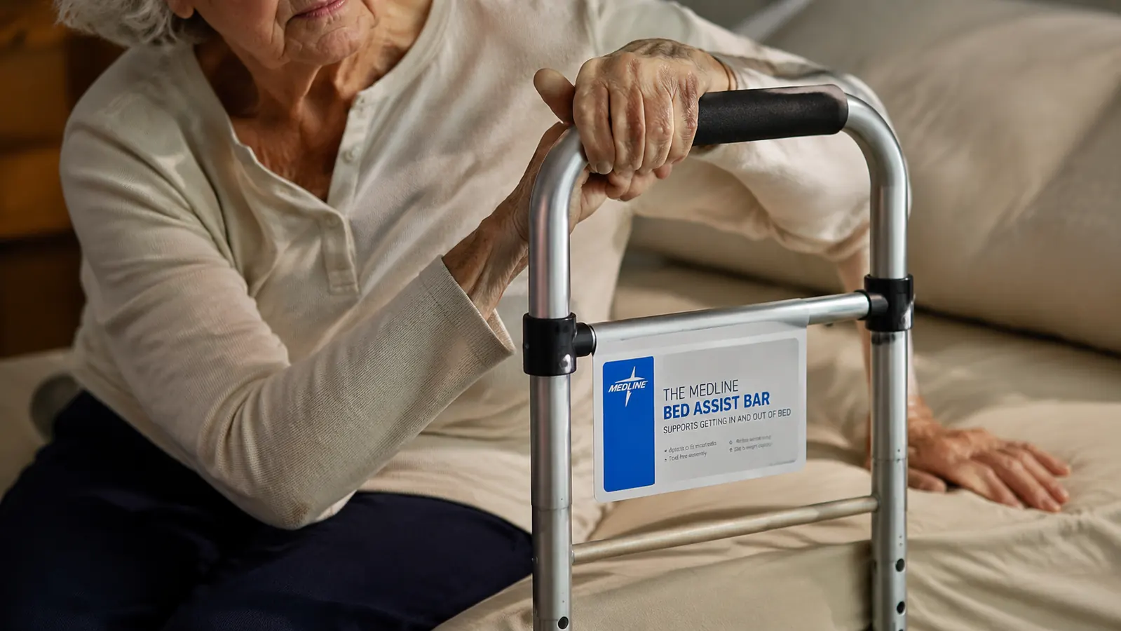 Close-up of a hand gripping the padded handle of a Medline bed assist bar attached to the side of a bed