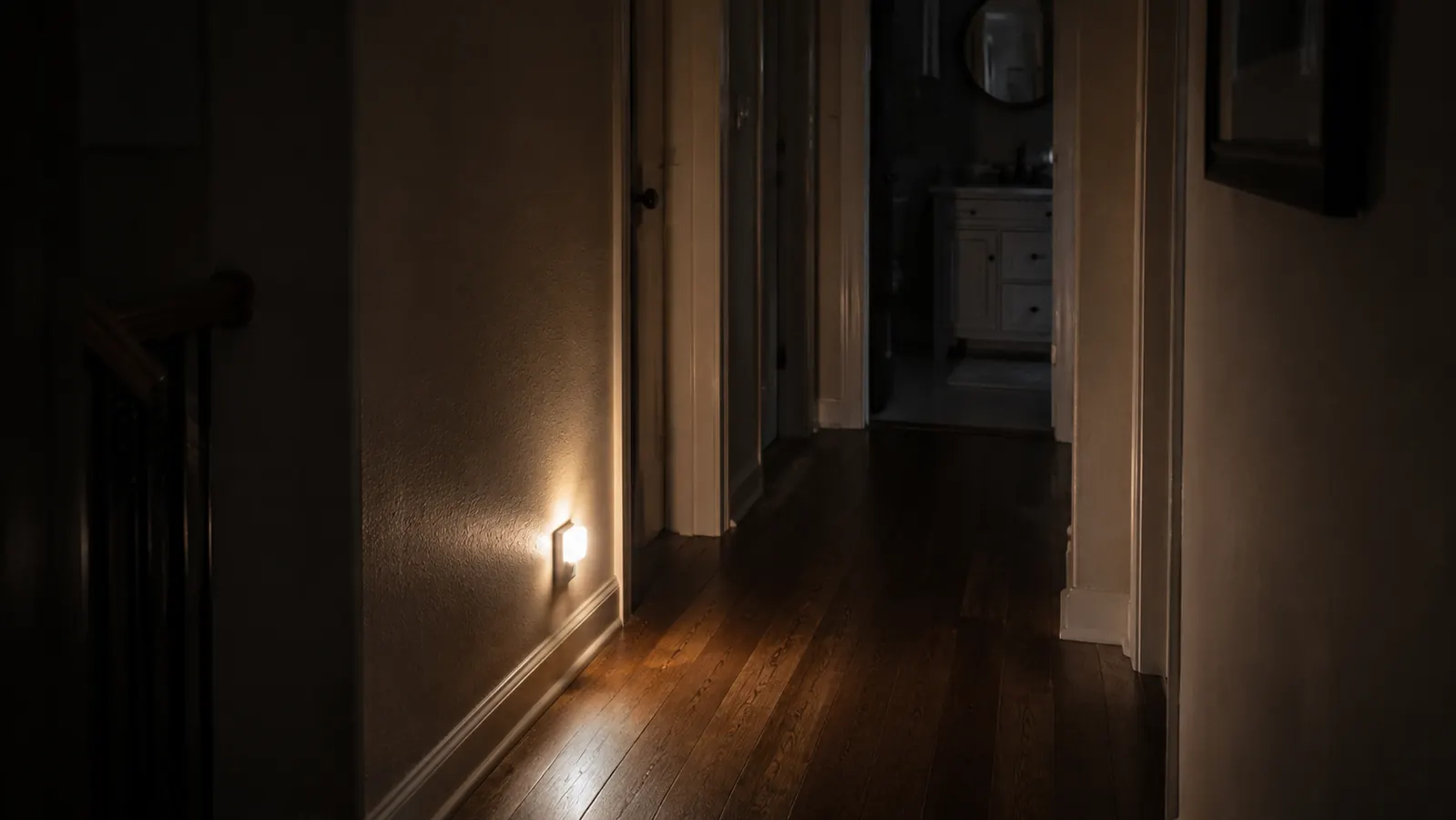 Nighttime bathroom trip, hallway lit only by a small night light, showing the path from bedroom to bathroom
