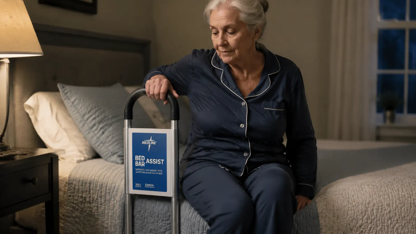 Older man using a bed assist bar to lower himself carefully back onto his bed at night