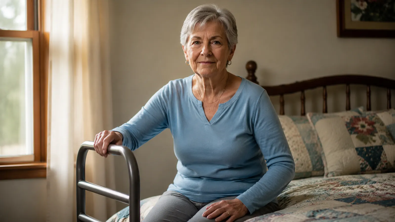 Senior woman sitting on the edge of a bed in early morning light, one hand resting on a bed assist rail, about to stand up