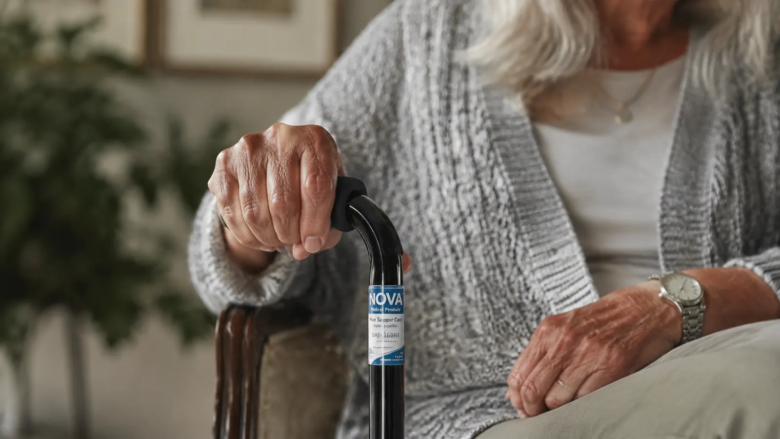 Close-up of a hand gripping an offset handle cane, wrist in a relaxed neutral position