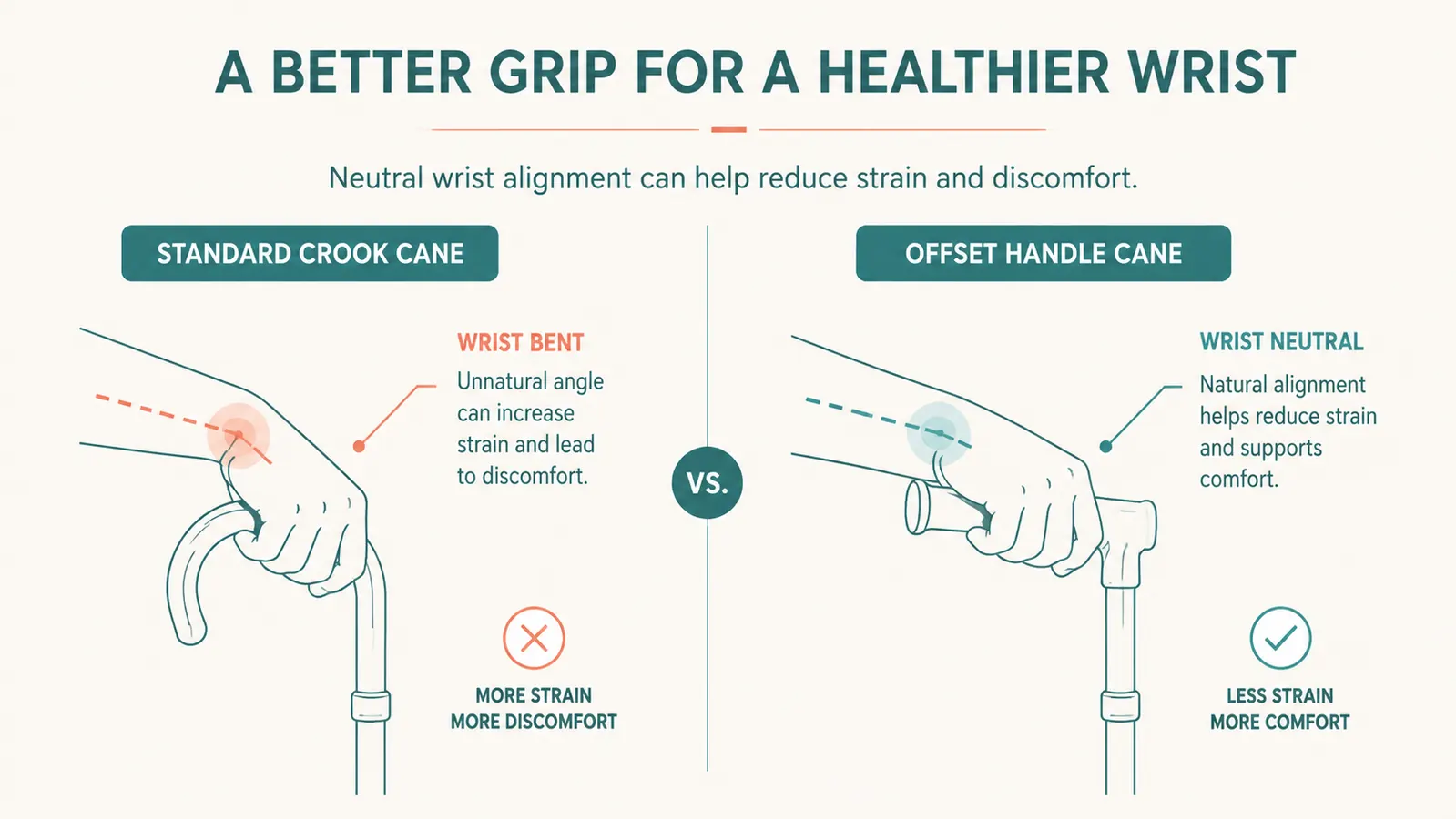 Side-by-side diagram showing wrist angle on a standard crook cane versus an offset handle cane
