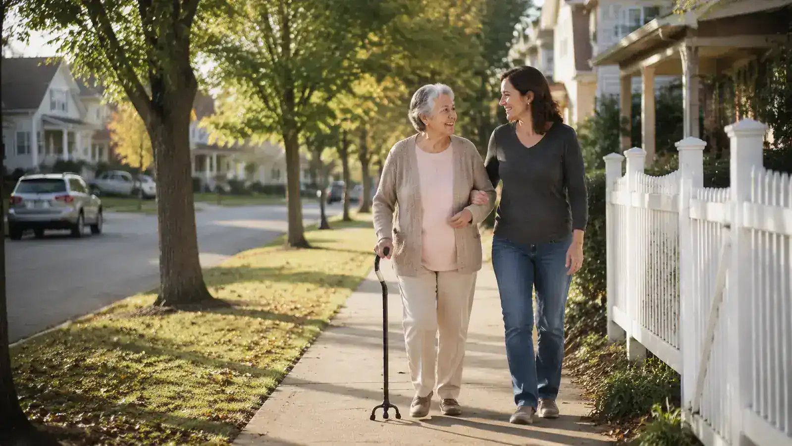 Senior woman and her adult daughter walking together in a neighborhood, woman using an offset handle cane