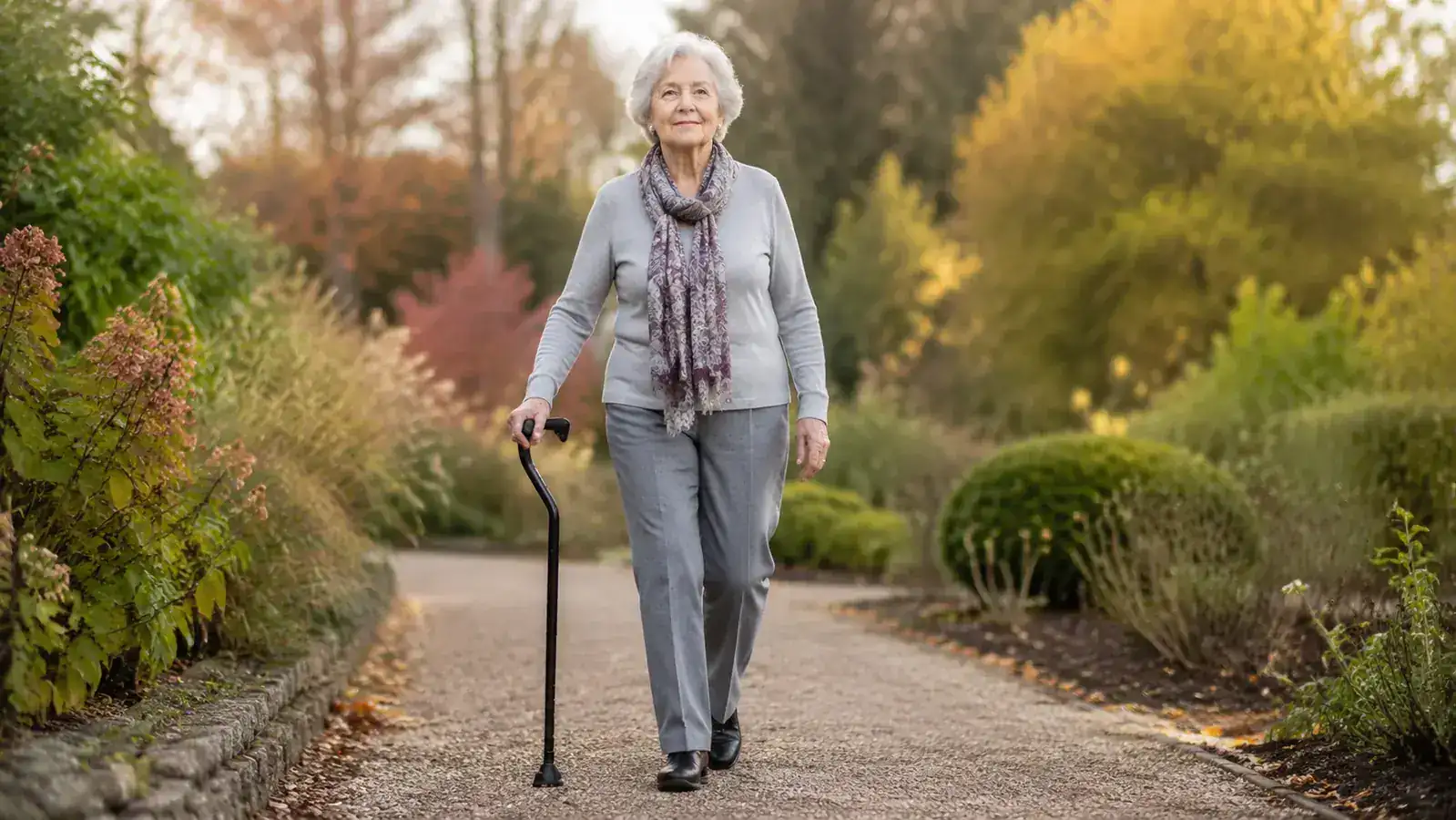 Senior woman walking outdoors on a garden path, using an offset handle cane, soft morning light
