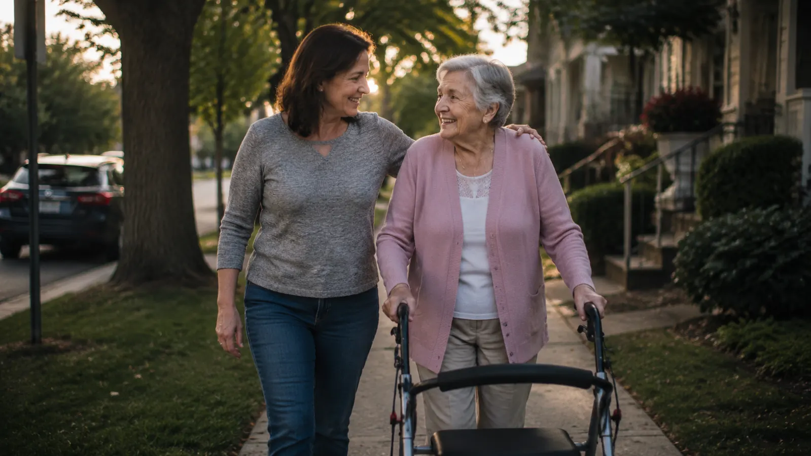 Adult daughter walking alongside her elderly mother who uses a rollator walker on a neighborhood sidewalk