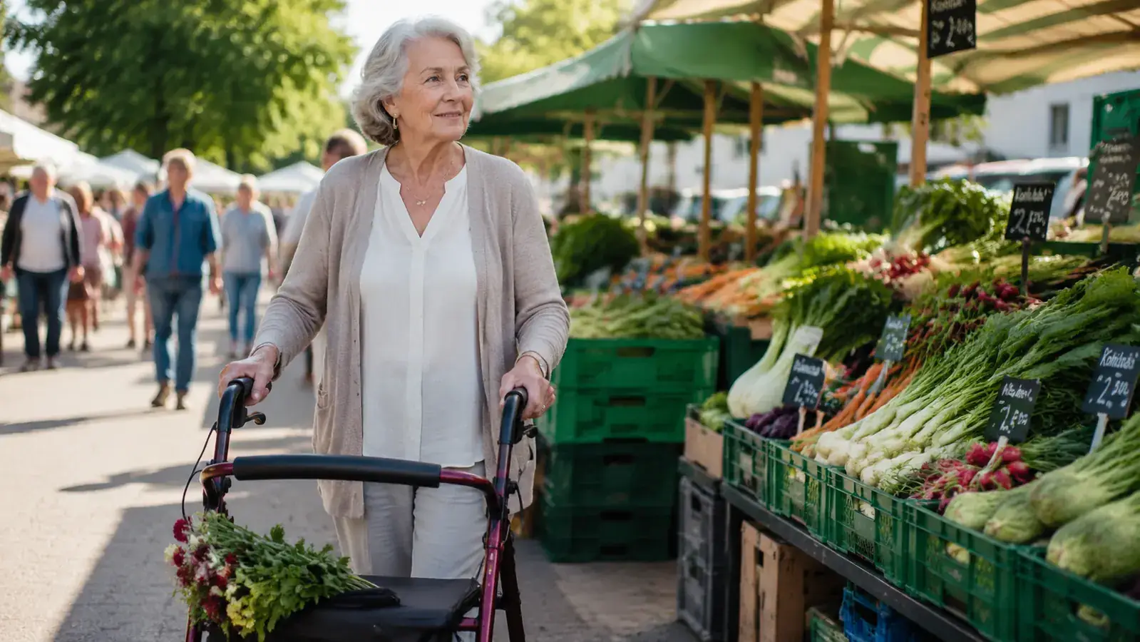 Senior woman walking confidently through a farmers market with a burgundy rollator walker