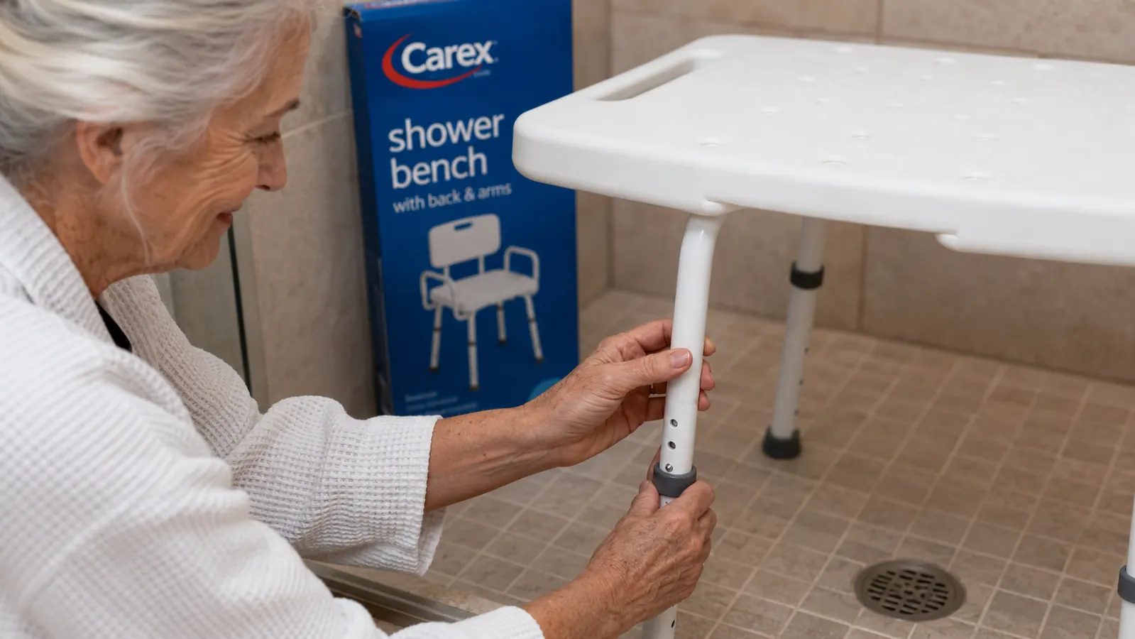 Close-up of adjustable legs on a Carex shower bench being set to height against a tiled shower floor