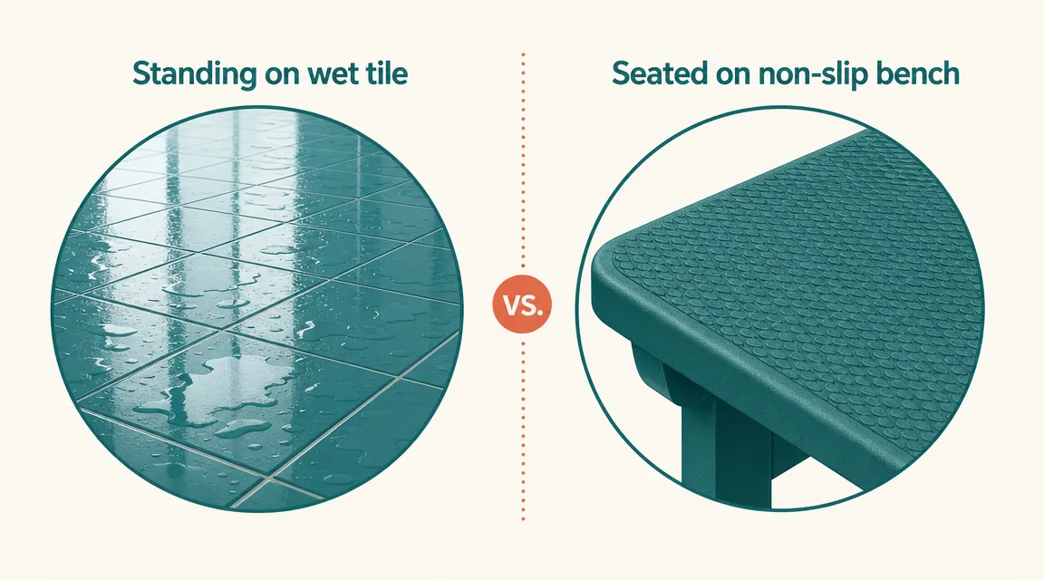 Top-down diagram showing wet bathroom floor vs non-slip shower bench surface side by side