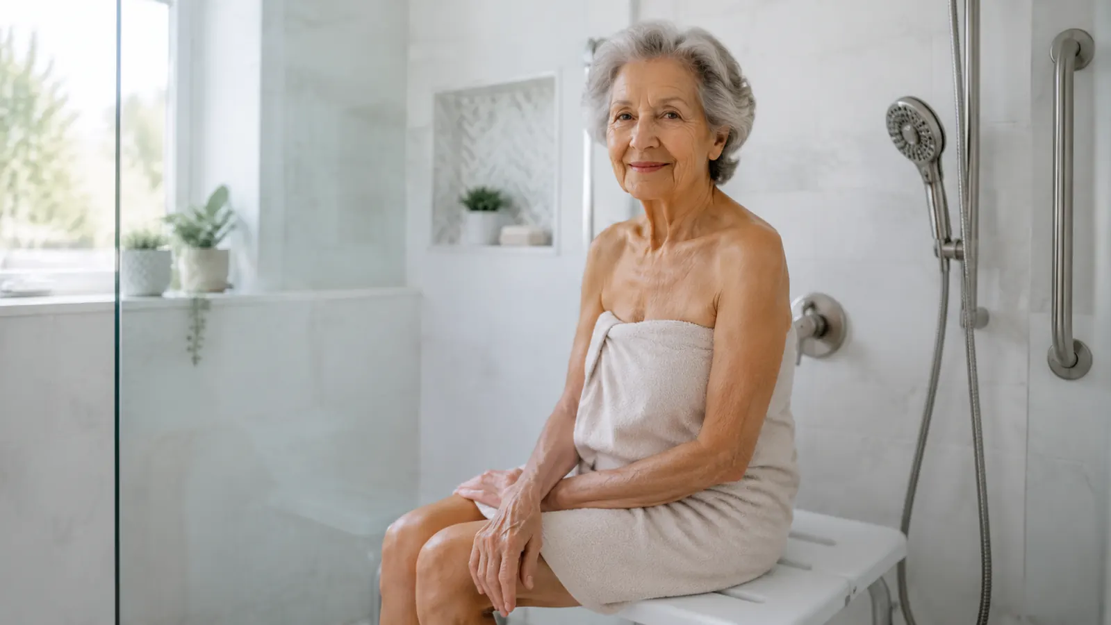 Senior woman seated comfortably on a shower bench in a walk-in shower, holding a showerhead, morning light through frosted glass