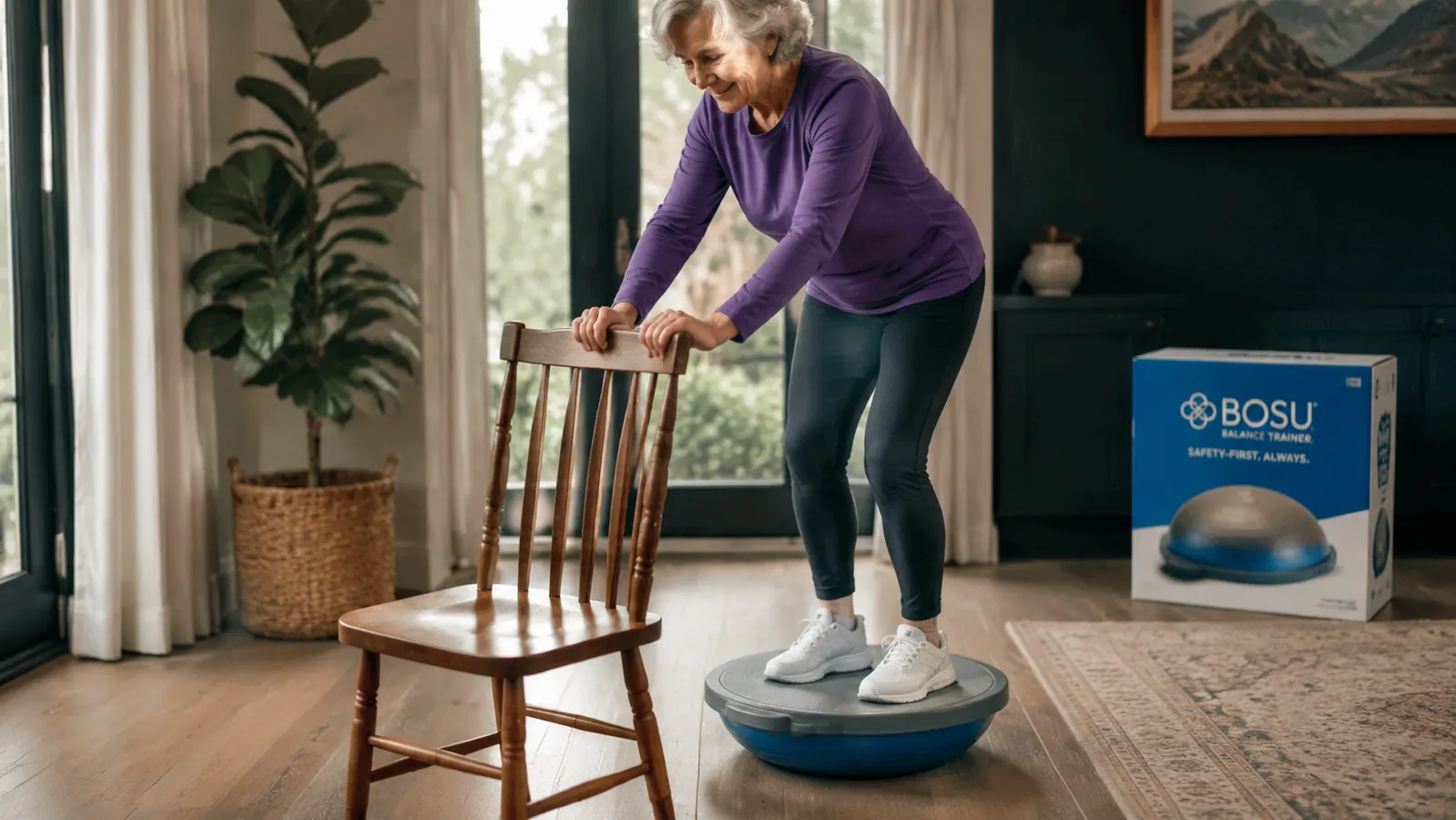 A senior woman's hands gripping the back of a sturdy chair while her feet stand on the flat side of a Bosu balance trainer, showing the safety technique beginners need