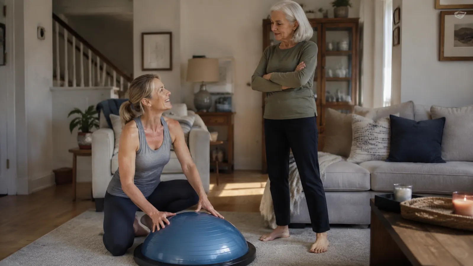 An adult daughter and her elderly mother looking at the Bosu balance trainer together in a living room, discussing whether to try it