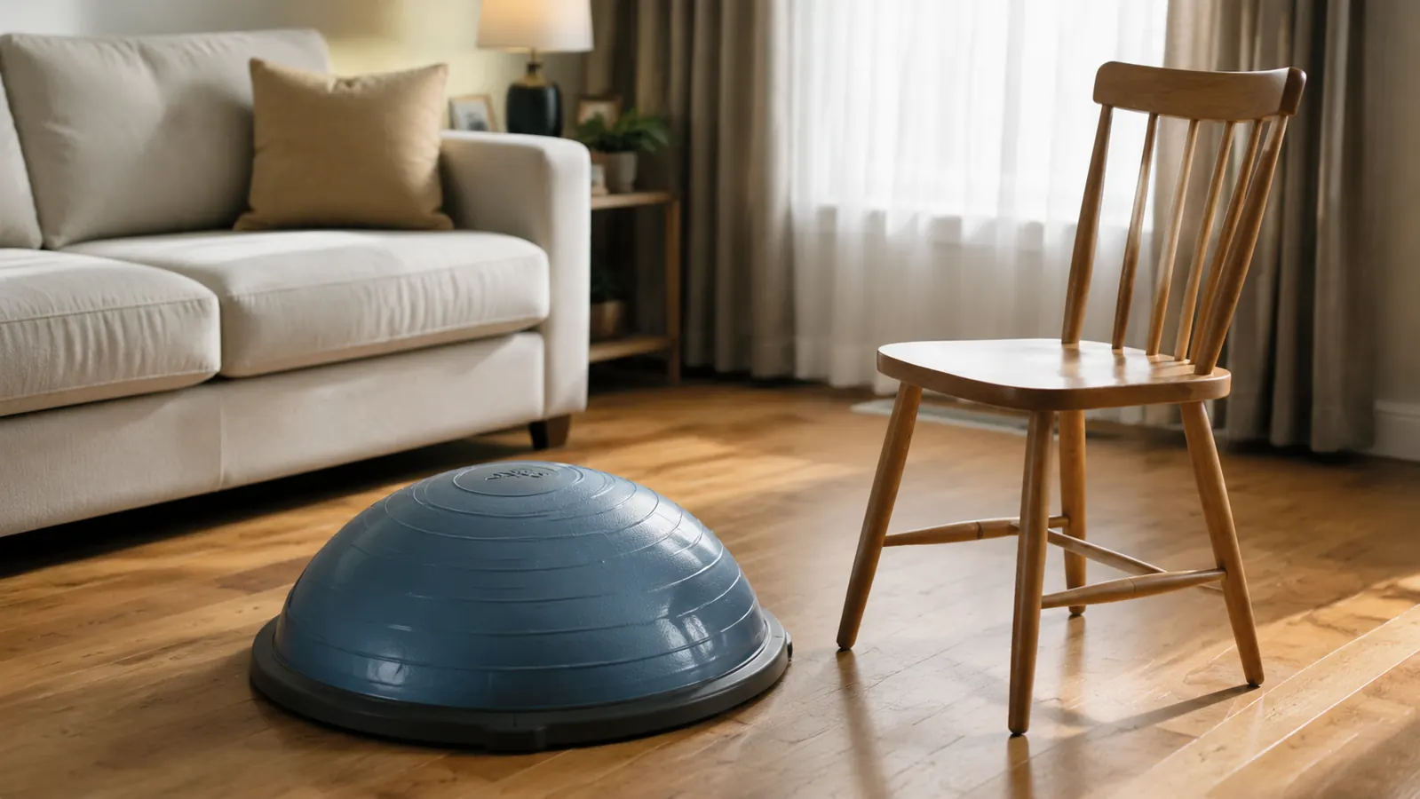 A Bosu balance trainer sitting on a light wooden floor next to a kitchen chair, with afternoon light coming through a window, the kind of simple home setup a senior would actually use