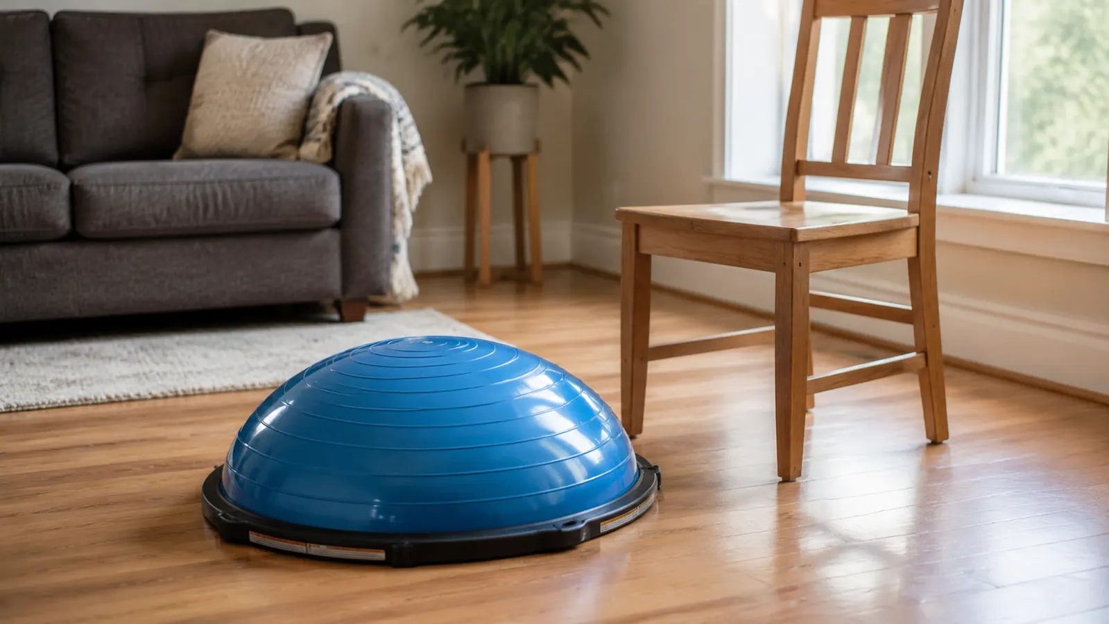 A Bosu balance trainer sitting on a hardwood floor next to a sturdy chair, ready for a home exercise session