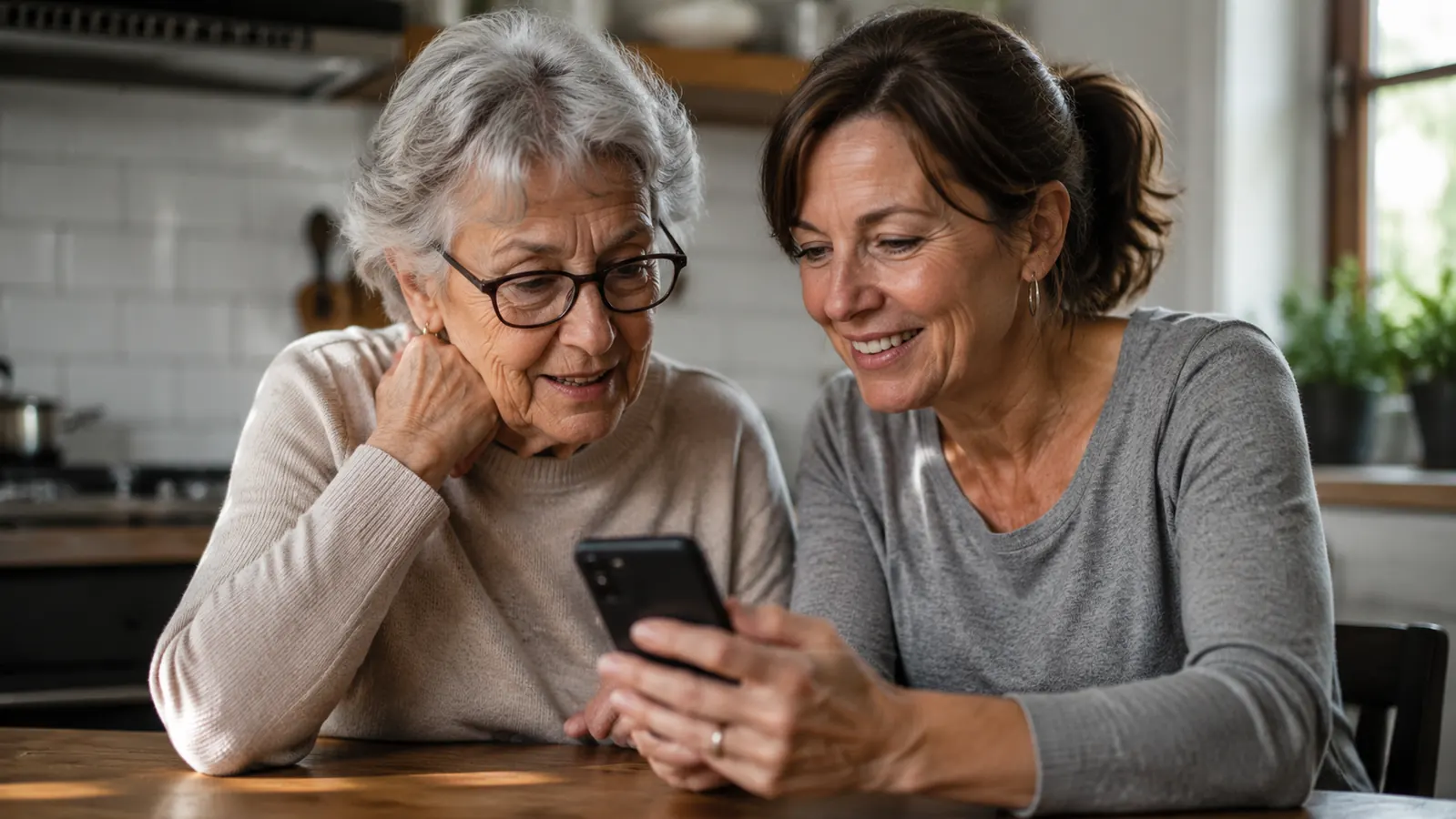 Older woman and adult daughter looking at something on a phone together, possibly researching the Bosu balance trainer