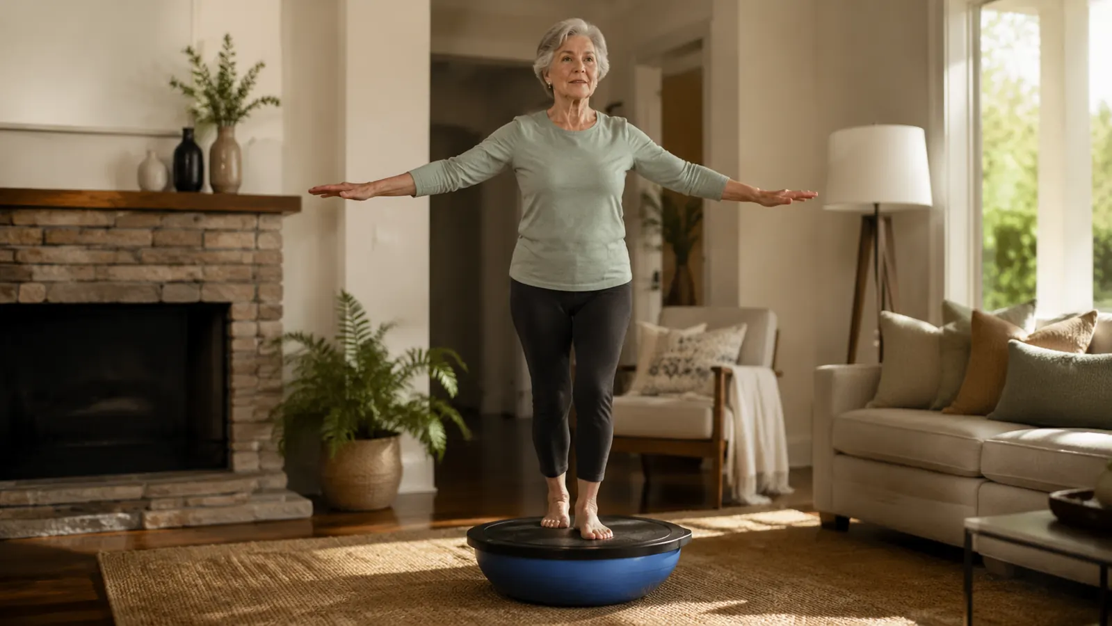 An older woman standing steadily on a Bosu balance trainer in a bright living room, arms slightly extended for balance, morning light through a window