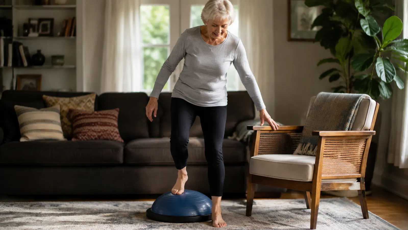 Senior woman stepping off a Bosu Balance Trainer carefully, holding a nearby chair for support, in a home living room