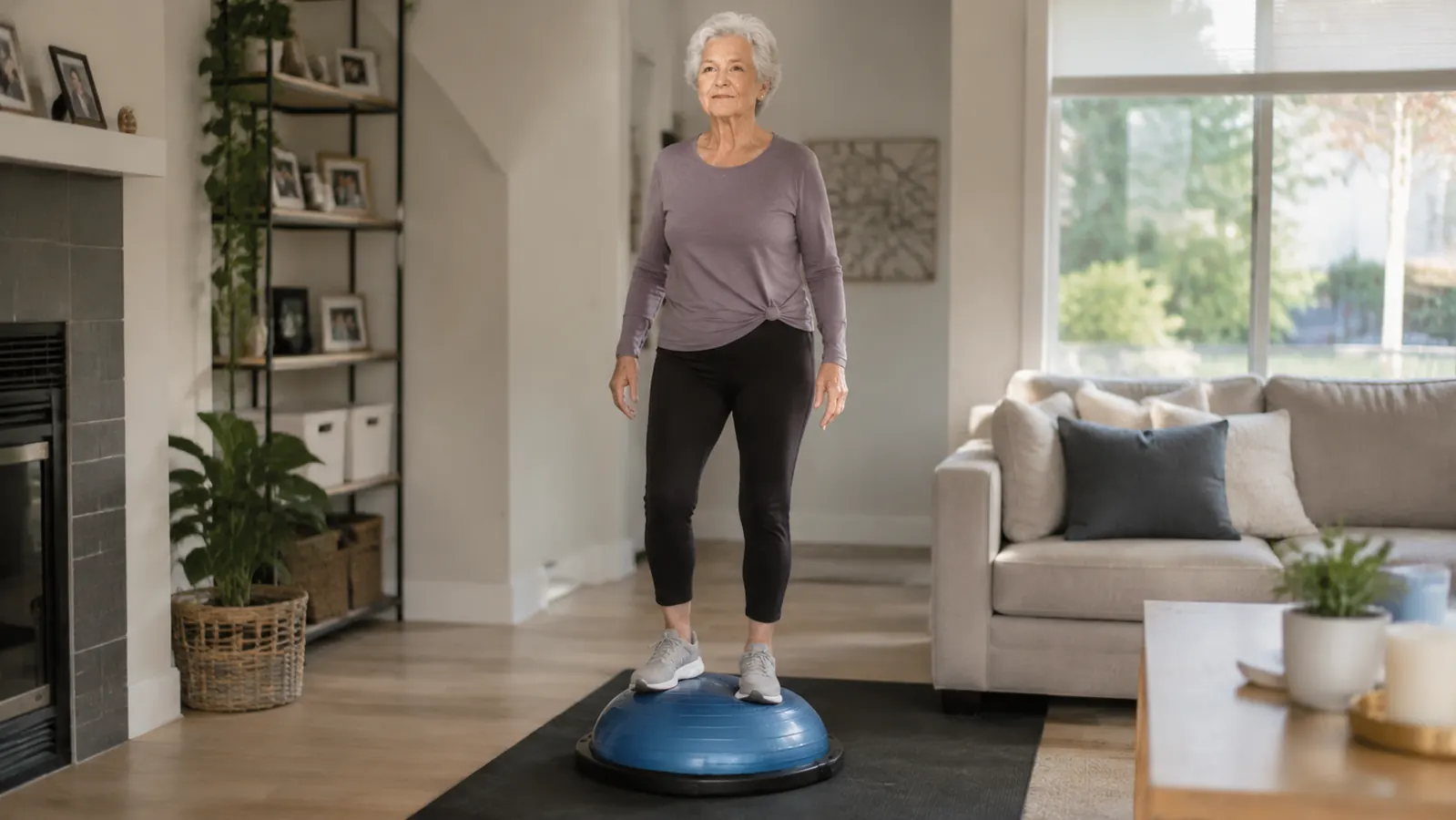 Senior woman standing on a Bosu Balance Trainer in a bright home gym, arms slightly out for stability, looking calm and focused