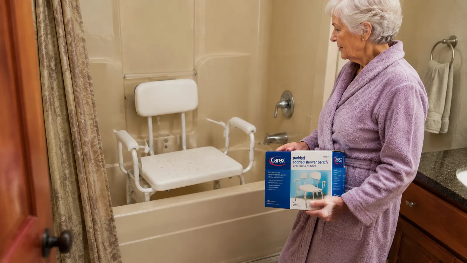 The Carex shower bench with padded arms and backrest placed inside a standard tub-shower combo