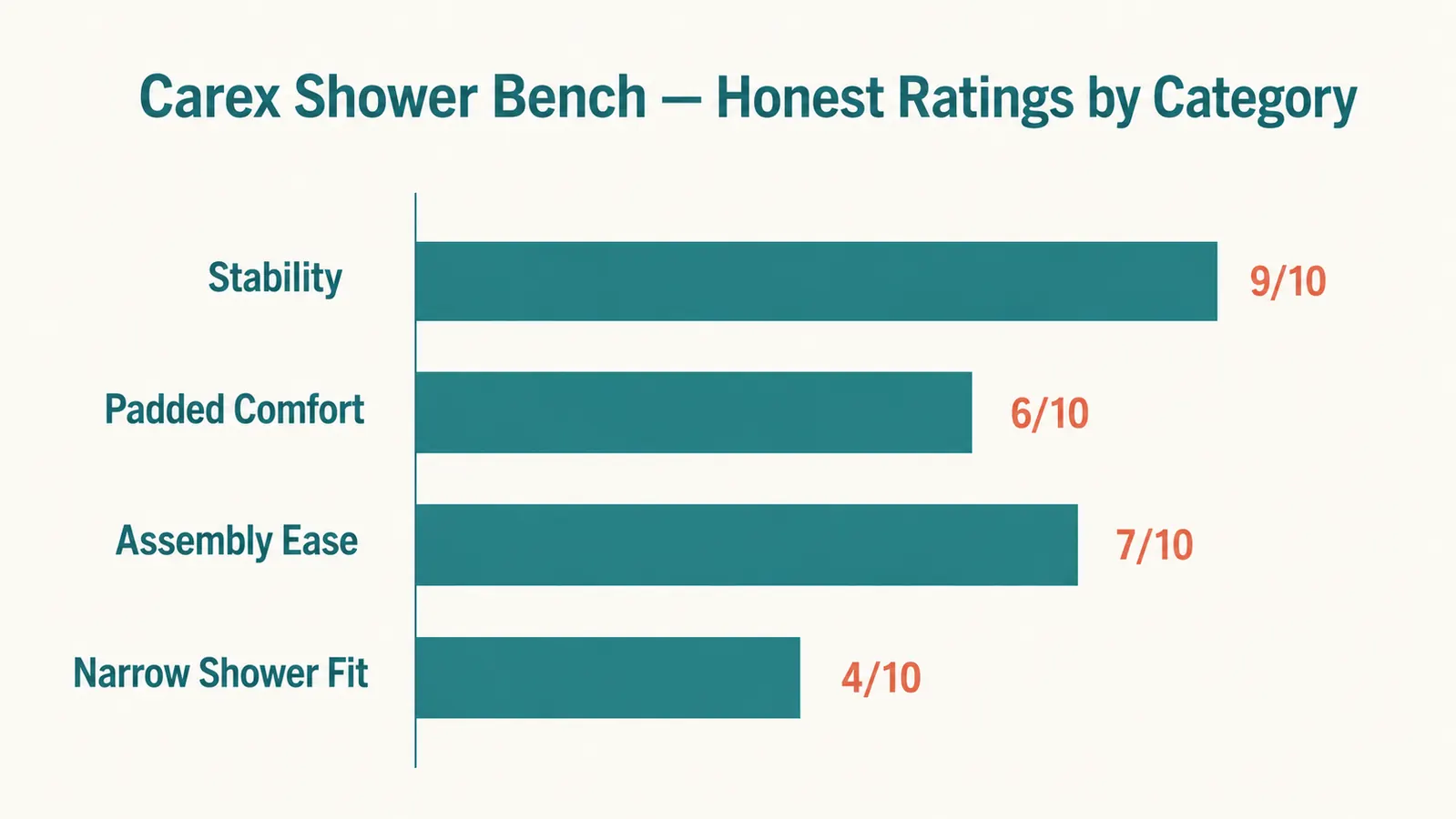 Chart comparing Carex shower bench scores across four categories: stability, comfort, ease of assembly, and fit for narrow showers