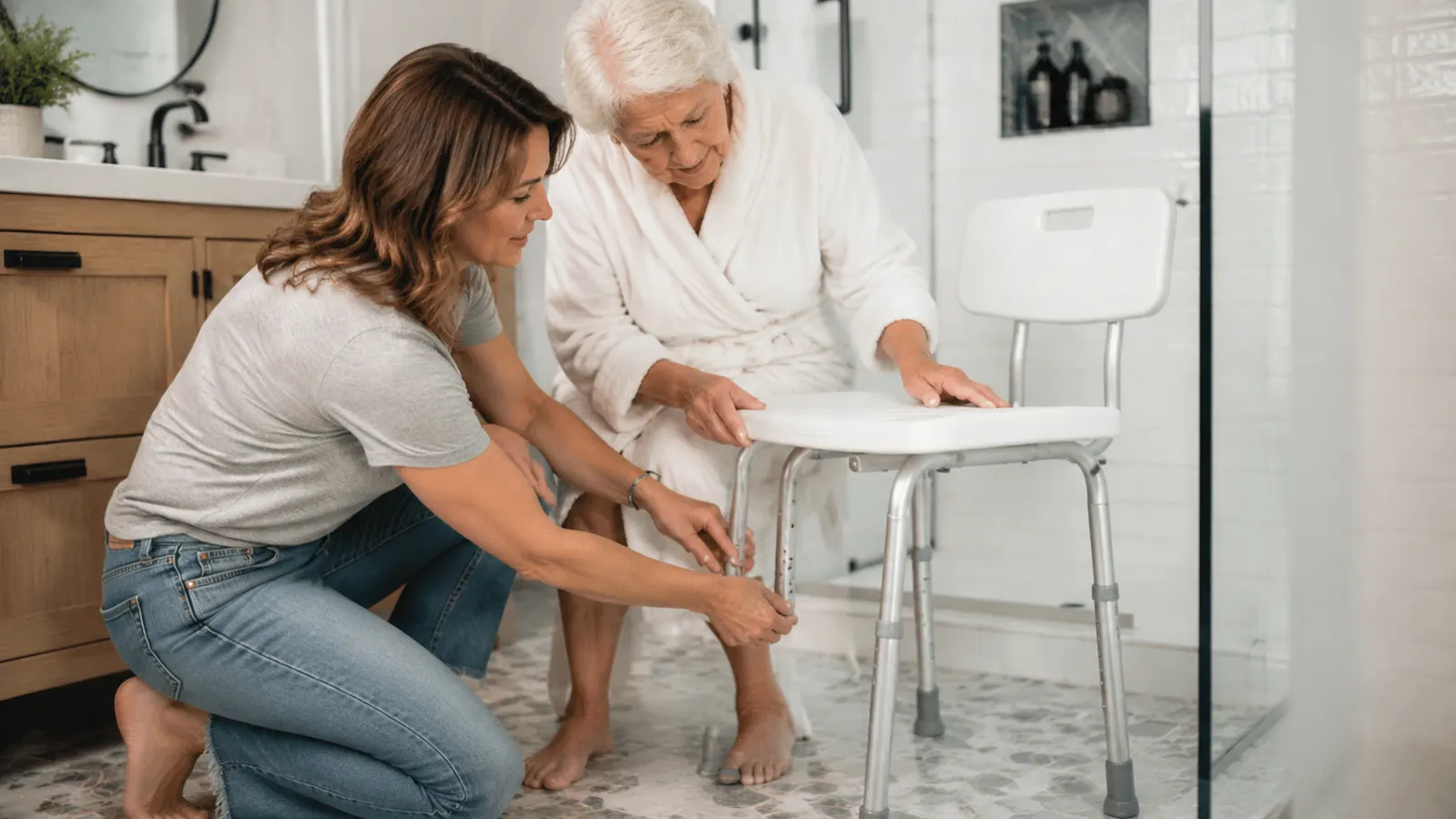 An adult daughter helping an elderly mother adjust the legs on a shower bench in a bathroom