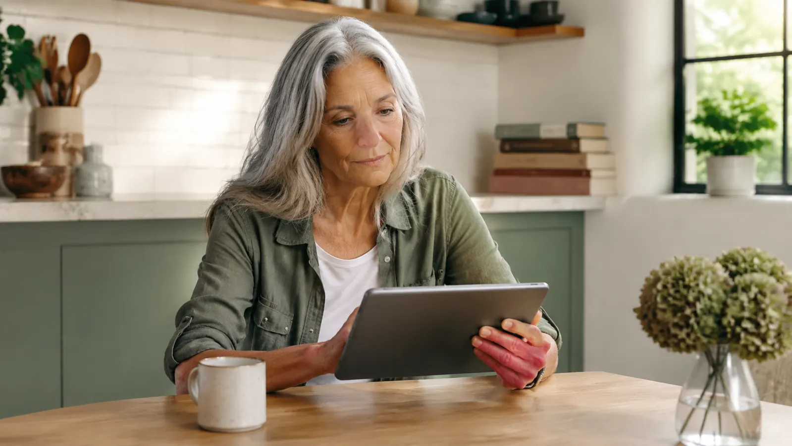 A senior woman reading product reviews on a tablet while sitting in her kitchen, thoughtful expression