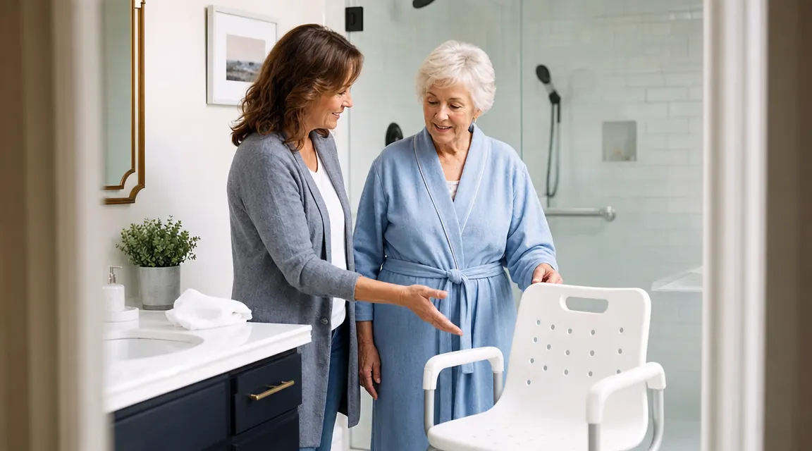 A senior woman and her adult daughter looking at a shower bench together in a bathroom showroom