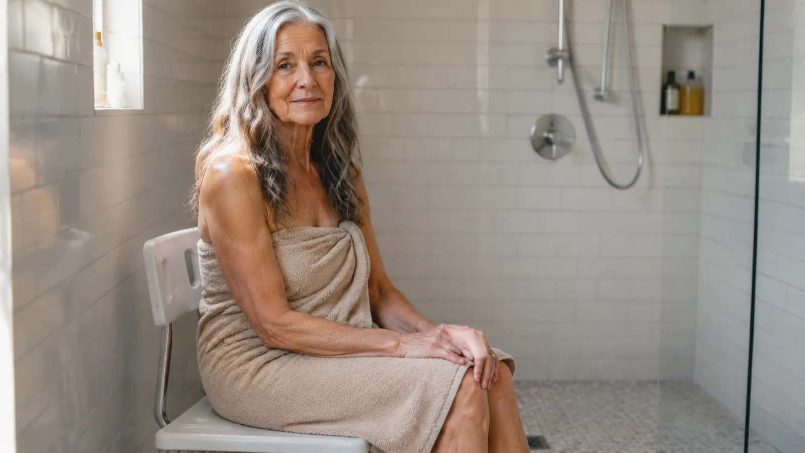 A senior woman sitting comfortably on a shower bench in a walk-in tile shower, morning light through a frosted window