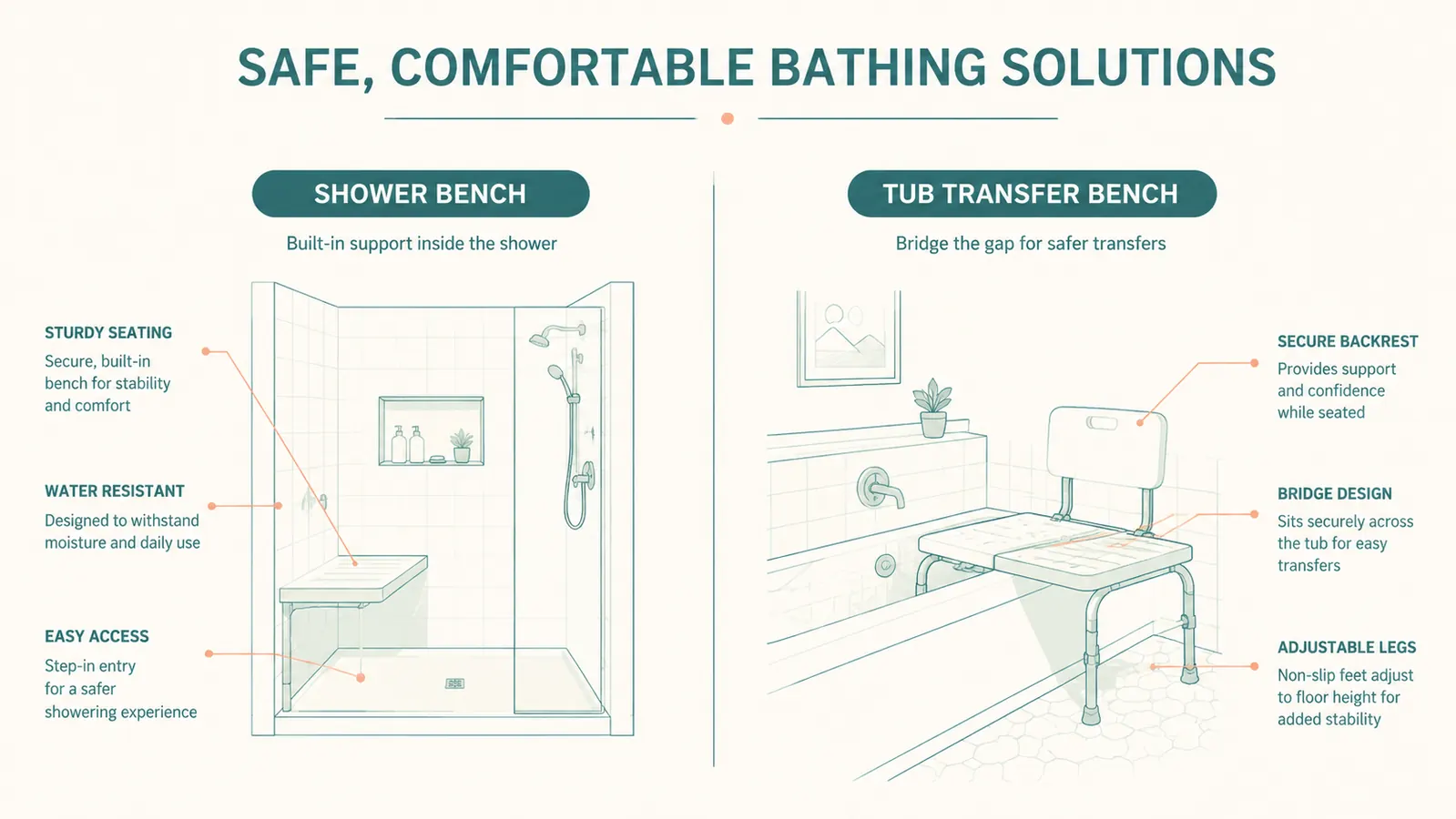 Diagram comparing shower bench placement in walk-in shower versus tub transfer bench straddling a bathtub edge