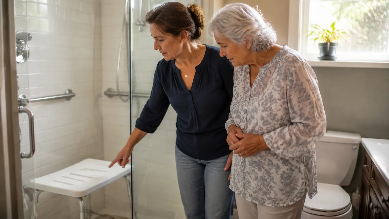 Adult daughter helping her elderly mother install bathroom safety equipment