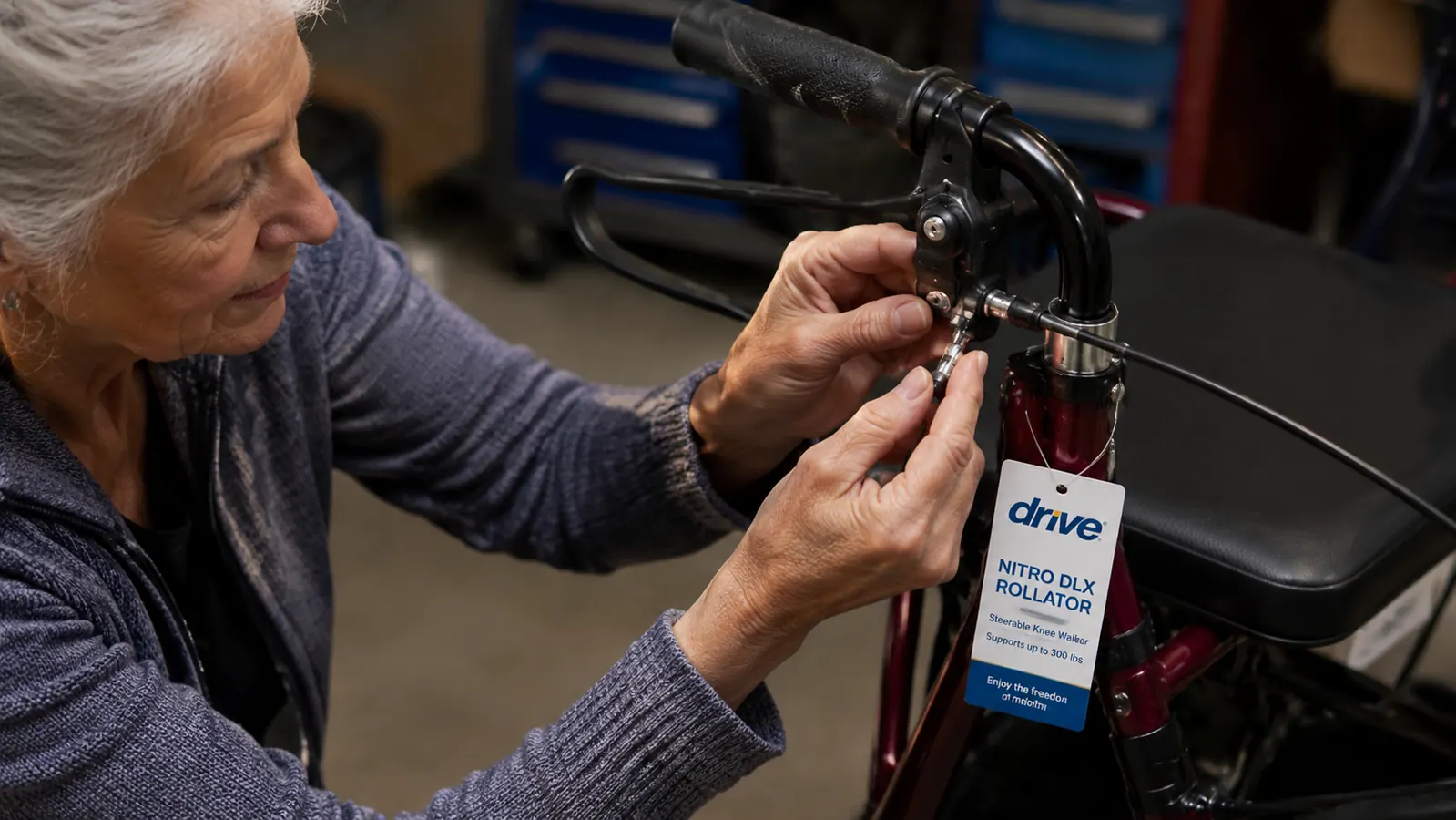 Close-up of Drive Medical rollator brake cables and brake handle mechanism being inspected by weathered hands