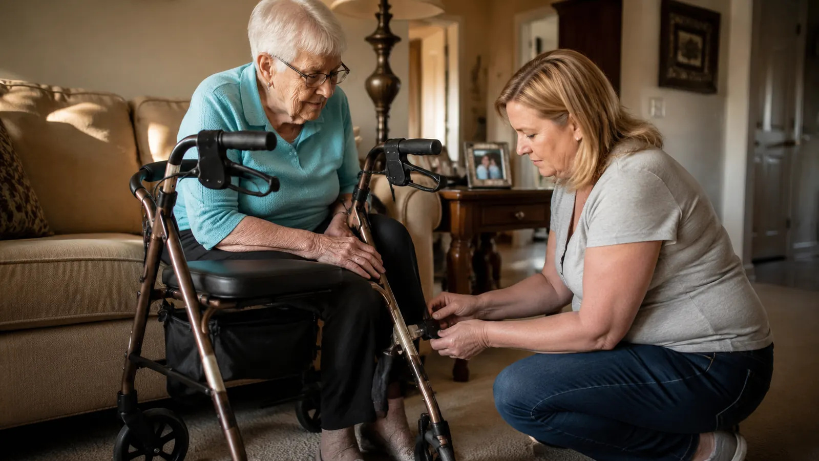 Adult daughter helping her elderly mother adjust the seat height on a burgundy rollator in a living room