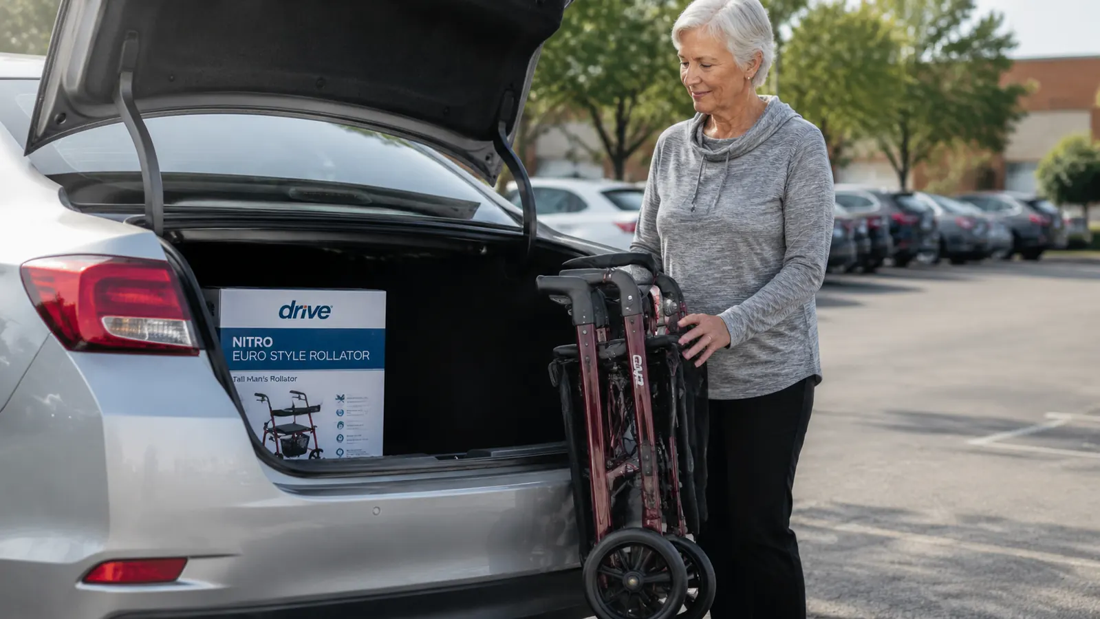 Drive Medical rollator folded flat leaning against a car trunk, showing how compact it gets for travel