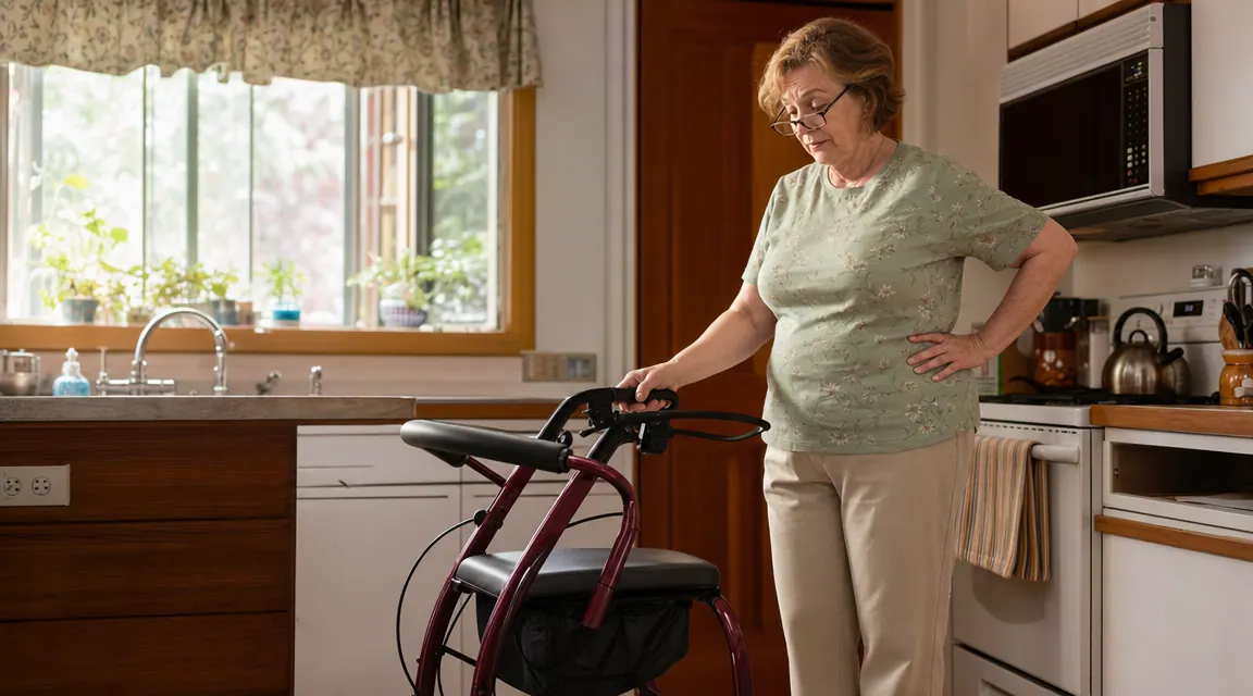 Older woman with white hair examining a burgundy rollator walker in a bright kitchen, looking thoughtful rather than sold