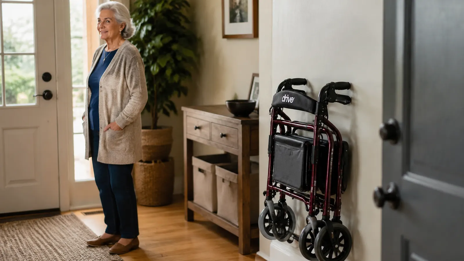 Drive Medical rollator folded flat against a wall next to a front door, showing how compact it gets