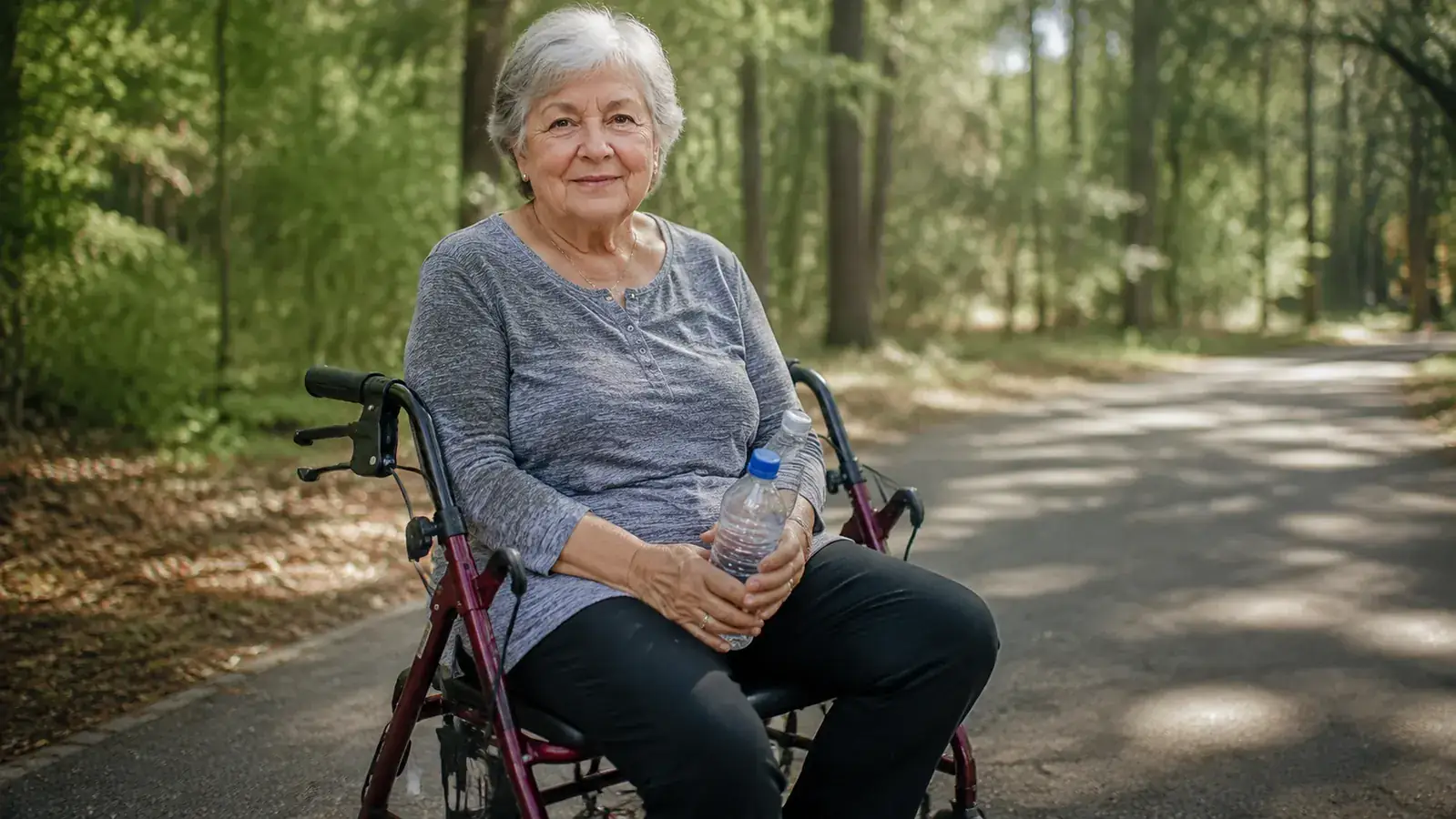 Older woman seated on the rollator's padded seat taking a rest on a paved path outdoors