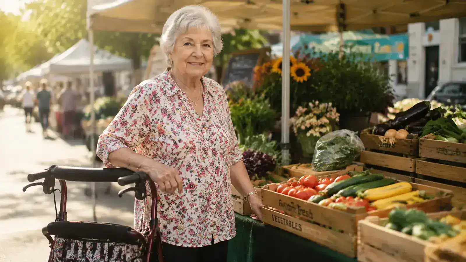 Senior woman with a burgundy rollator walker at an outdoor farmer's market, morning light, relaxed posture