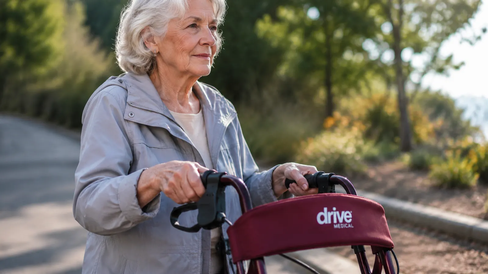 Elderly woman pressing the hand brake lever on a Drive Medical rollator walker while standing on a slight incline outdoors