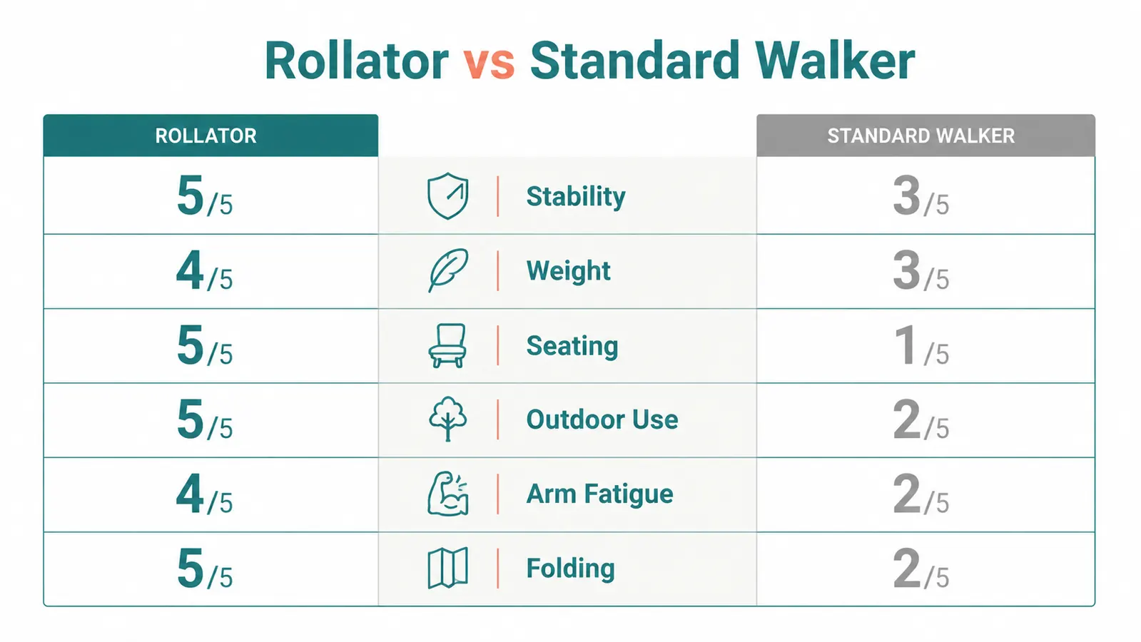 Chart comparing rollator walker versus standard walker across six categories including stability, weight, and outdoor use