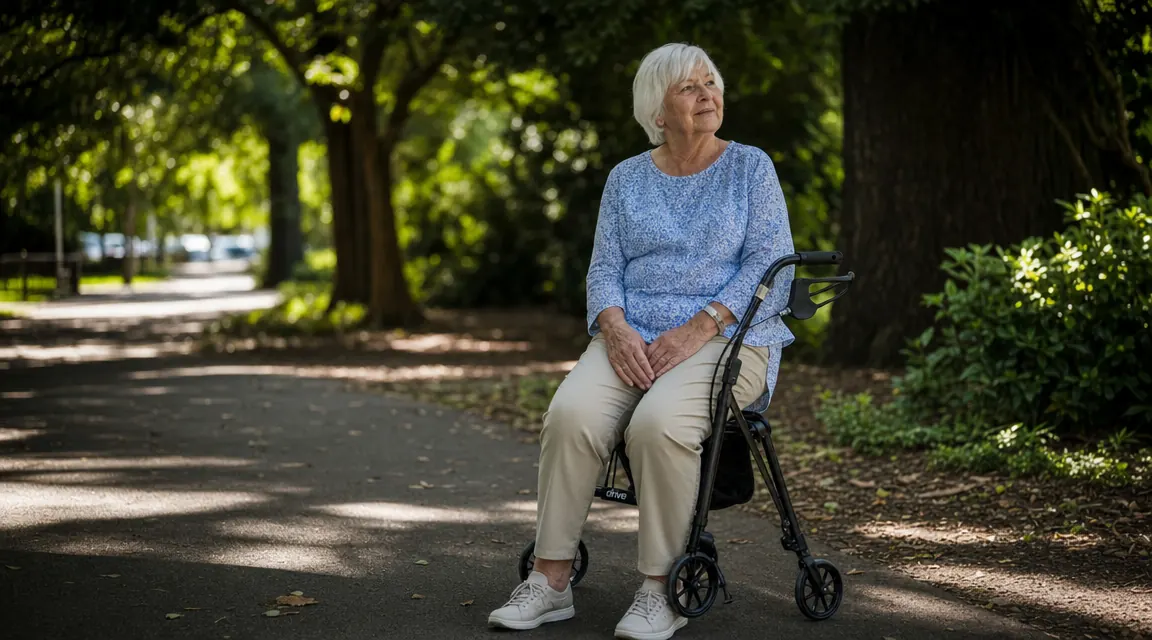 Senior woman sitting on the padded seat of a rollator walker to rest on a park path surrounded by trees