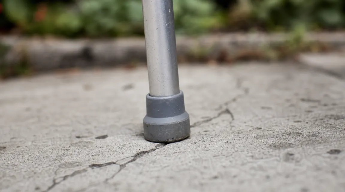 Close-up of a standard aluminum walker rubber tip on a cracked sidewalk showing limited outdoor traction