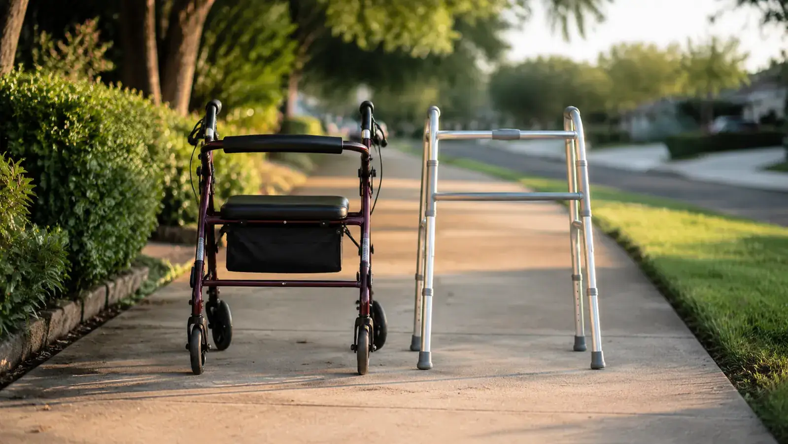 Side-by-side view of a rollator walker with a padded seat next to a standard aluminum walker on a sunny residential sidewalk