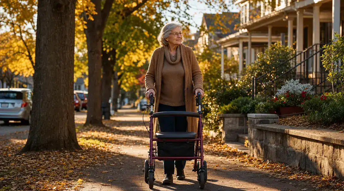 A senior woman walking her tree-lined neighborhood with a rollator, warm afternoon light