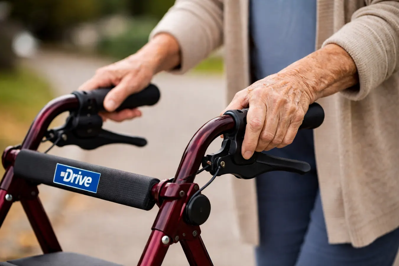 Older woman gripping the handles of a burgundy rollator walker on a paved sidewalk, one hand pressing the brake lever