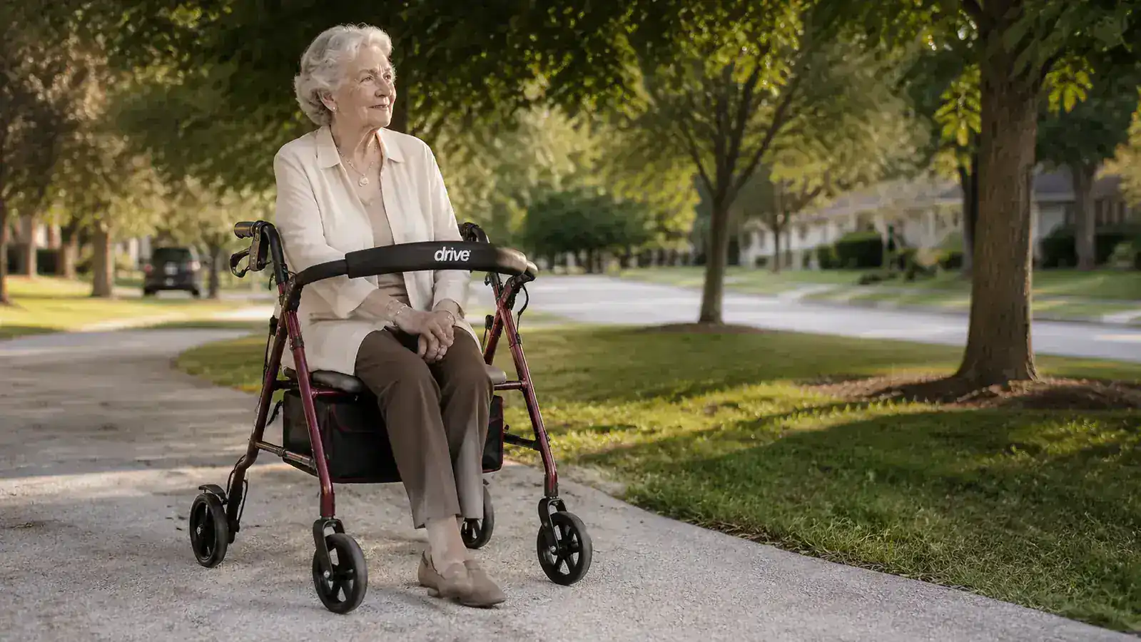 Senior woman seated on the built-in seat of a rollator walker on a park bench area, smiling and looking toward the street