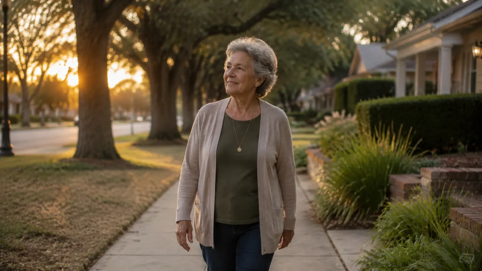 A woman in her 70s walking slowly along a tree-lined neighborhood sidewalk in the early evening, relaxed expression, warm golden-hour light