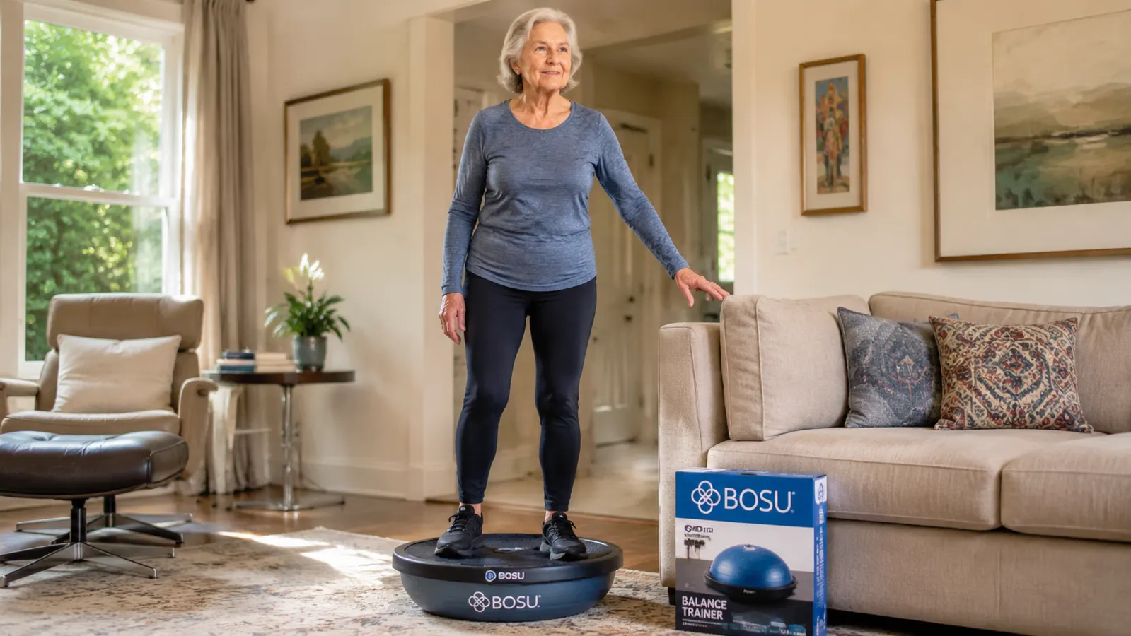 A Bosu balance trainer sitting on a living room floor next to a couch, with a woman's hand resting on the couch for support
