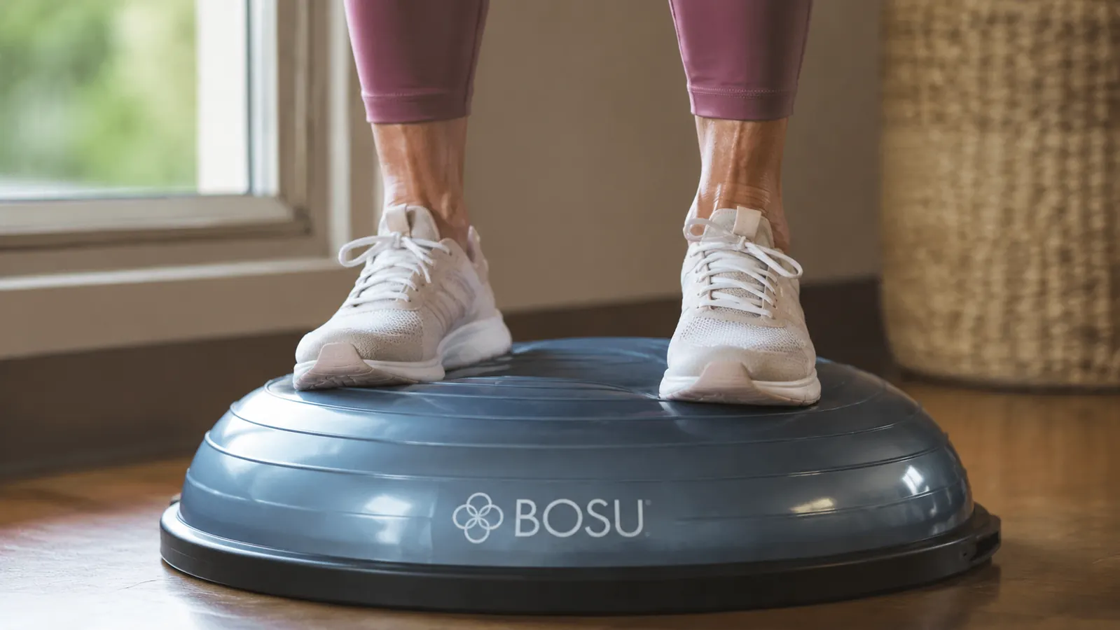 Close-up of a woman's feet on a Bosu balance trainer dome, showing proper foot placement